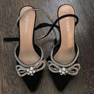 TOP Moda Black Rhinestone Bow Pointed-Toe Slingback Heels